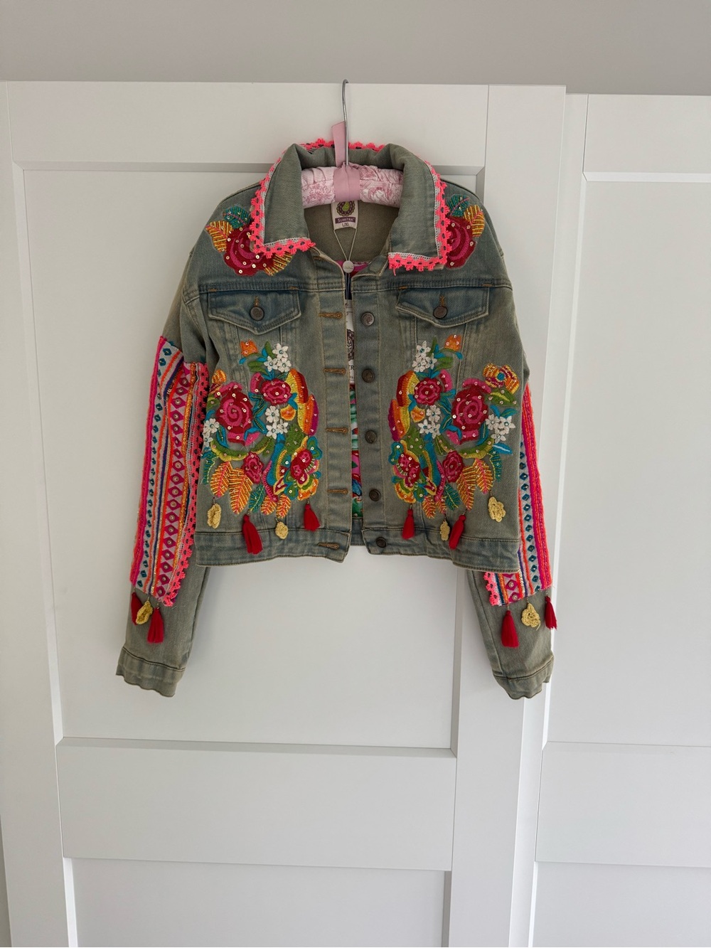 Hand Embroidered Floral Denim Jacket with Pink and beaded Accents NWT